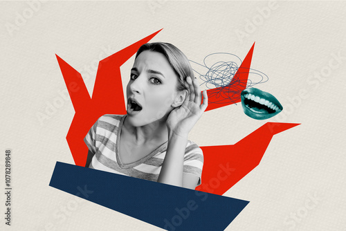 Composite trend artwork sketch image photo collage of fired burn confused bad mood anxiety young lady emoji face hearsay listen news mouth photo