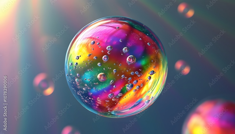 Glossy 3D bubbles floating with rainbow highlights and reflective details Glossy 3D bubbles floating with rainbow highlights and reflective details