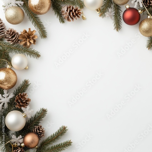 Close-up of a holiday-themed frame featuring fir branches, golden balls, and elegant red and white ornaments on a pure white background