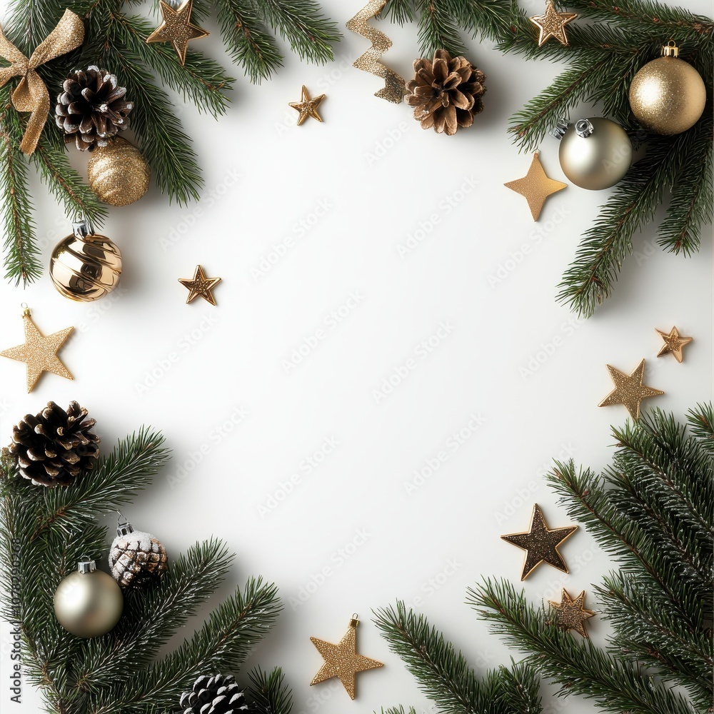 Elegant Christmas flat lay, featuring a frame of green pine branches with gold ornaments, stars, and festive bows on a white background Elegant Christmas flat lay, featuring a frame of green pine branches with gold ornaments, stars, and festive bows on a white background
