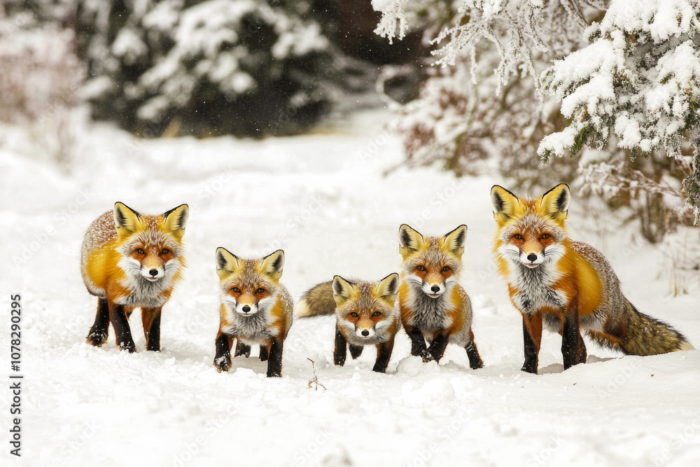 Obraz premium Charming red fox family in winter snowy forest landscape capturing nature's serenity and wildlife beauty