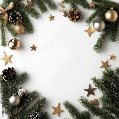 Elegant Christmas flat lay, featuring a frame of green pine branches with gold ornaments, stars, and festive bows on a white background