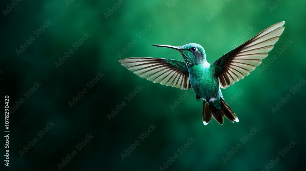 Fototapeta premium Emerald Hummingbird in Flight Green Nature Background Wildlife Photography