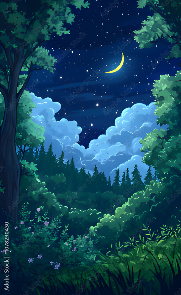 Fototapeta premium a painting of a forest with a moon and trees in the background. Generative AI