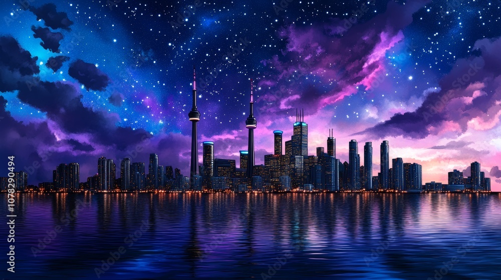 Magical Cityscape Night Sky City Lights Lake Reflection Magical Cityscape Night Sky City Lights Lake Reflection