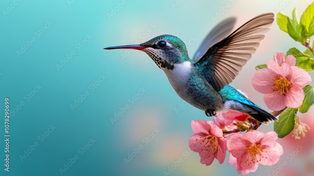 Fototapeta premium Vibrant Hummingbird in Flight Near Pink Blossoms Spring Nature Scene