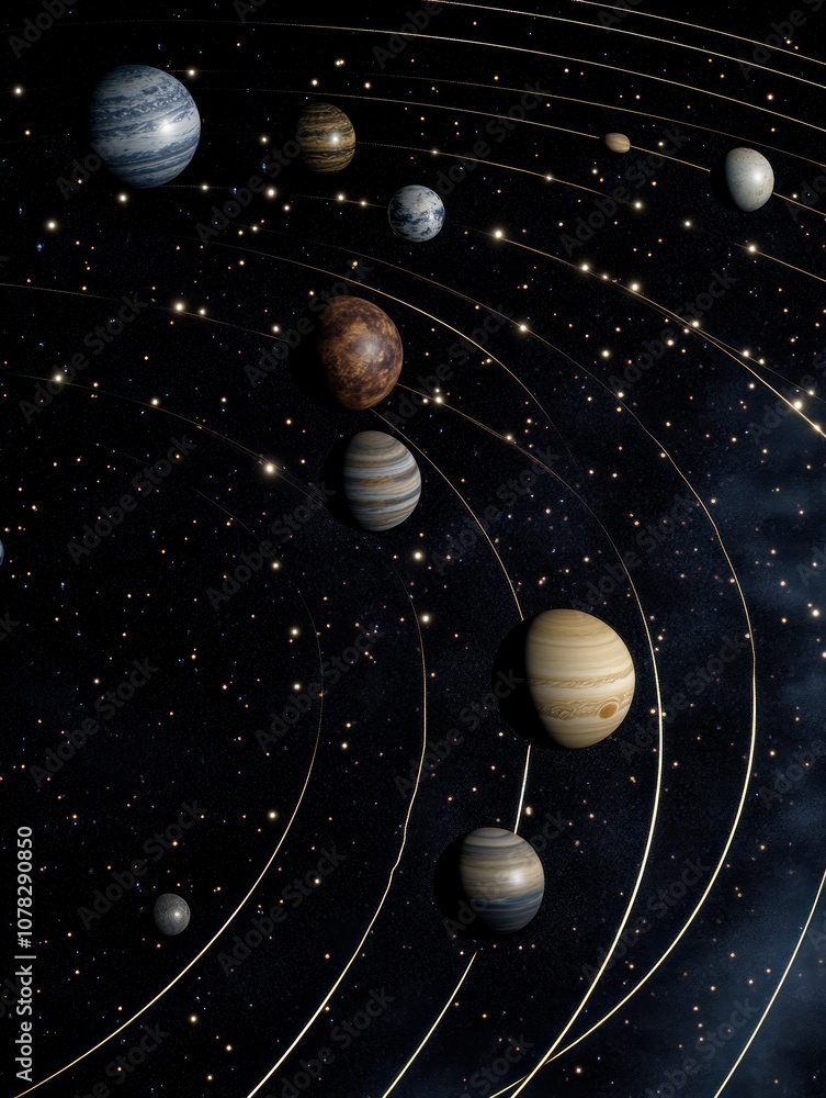 Fototapeta premium A depiction of the solar system with planets and their orbits against a starry background.