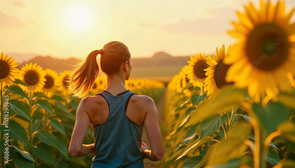 Woman Running in a Sunflower Field at Sunset Woman Running in a Sunflower Field at Sunset