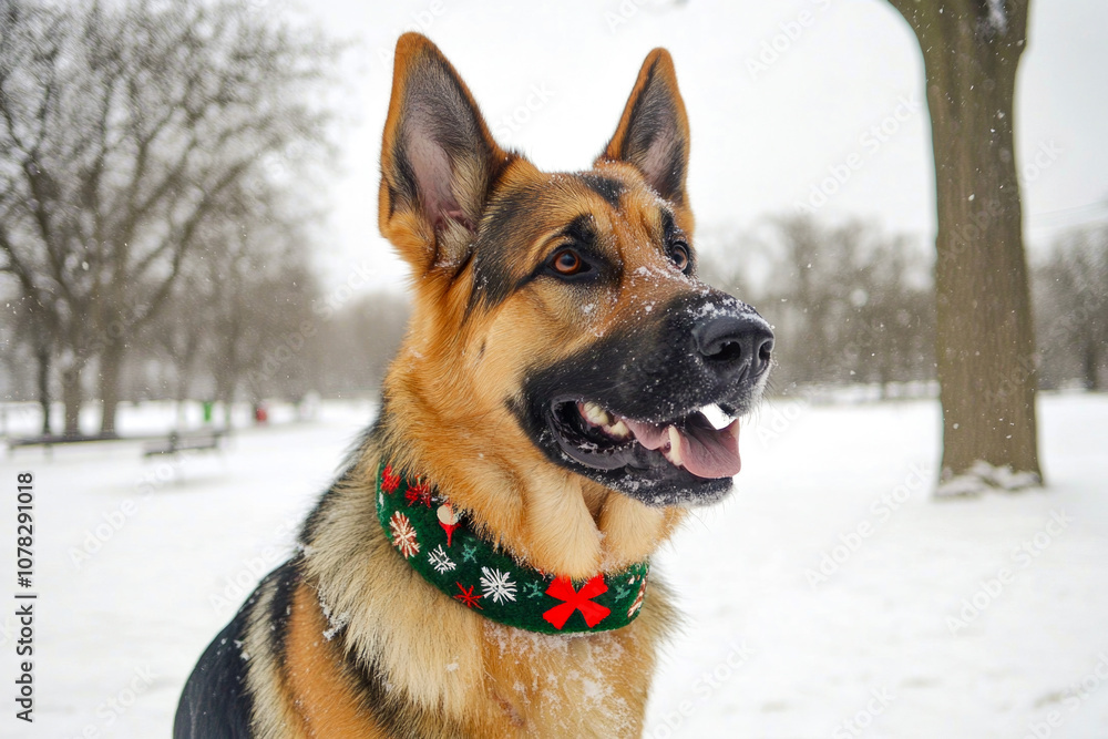 German shepherd in festive collar enjoying snowy winter day outdoors German shepherd in festive collar enjoying snowy winter day outdoors