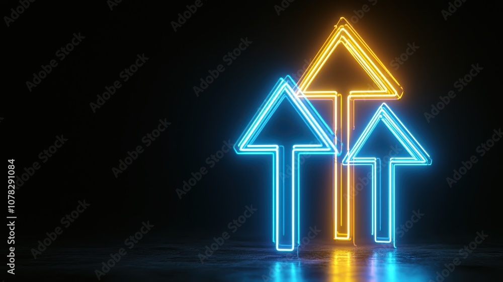 Illustration of three neon arrows in bright yellow and blue tones, pointing upwards with energy on a dark background, conveying progress and success. Illustration of three neon arrows in bright yellow and blue tones, pointing upwards with energy on a dark background, conveying progress and success.