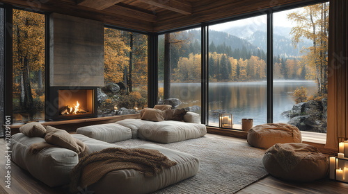 Fototapeta Naklejka Na Ścianę i Meble -  Cozy living room with a fireplace and large windows overlooking a lake and autumn forest. The room is decorated with comfortable seating and warm lighting, creating a relaxing and inviting atmosphere.