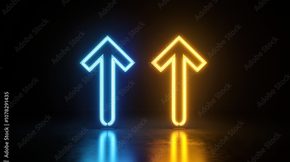 Three neon arrows illuminated in yellow and blue against a black backdrop, creating a striking image of progress and movement upwards Three neon arrows illuminated in yellow and blue against a black backdrop, creating a striking image of progress and movement upwards