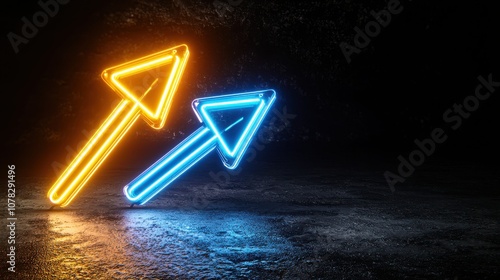 Three neon arrows illuminated in yellow and blue against a black backdrop, creating a striking image of progress and movement upwards