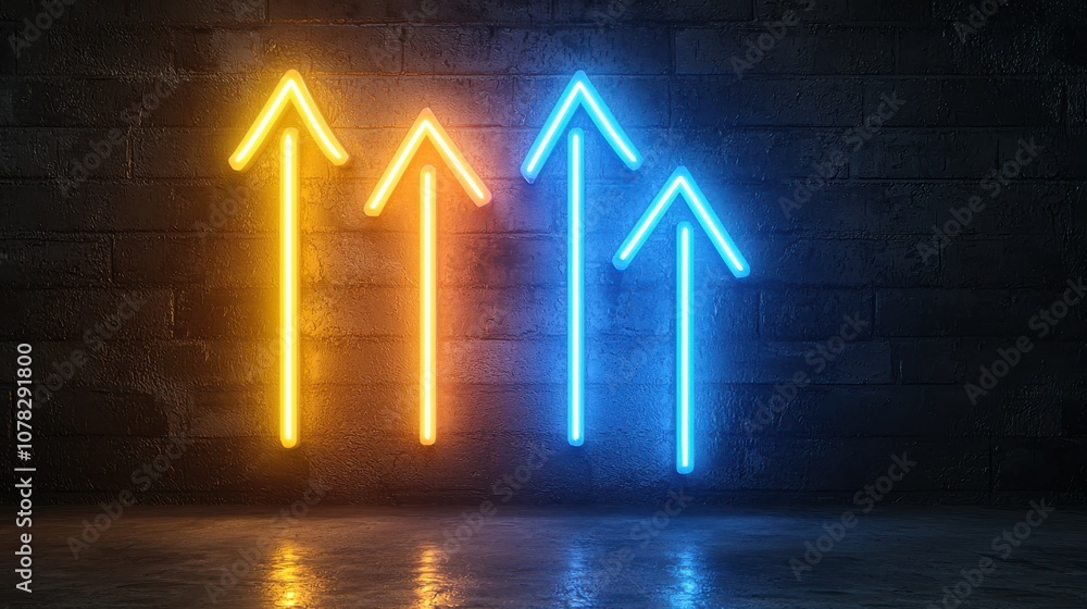 Dynamic image of three neon arrows, yellow and blue, radiating against a dark background, conveying ambition and upward momentum in bold color contrast Dynamic image of three neon arrows, yellow and blue, radiating against a dark background, conveying ambition and upward momentum in bold color contrast
