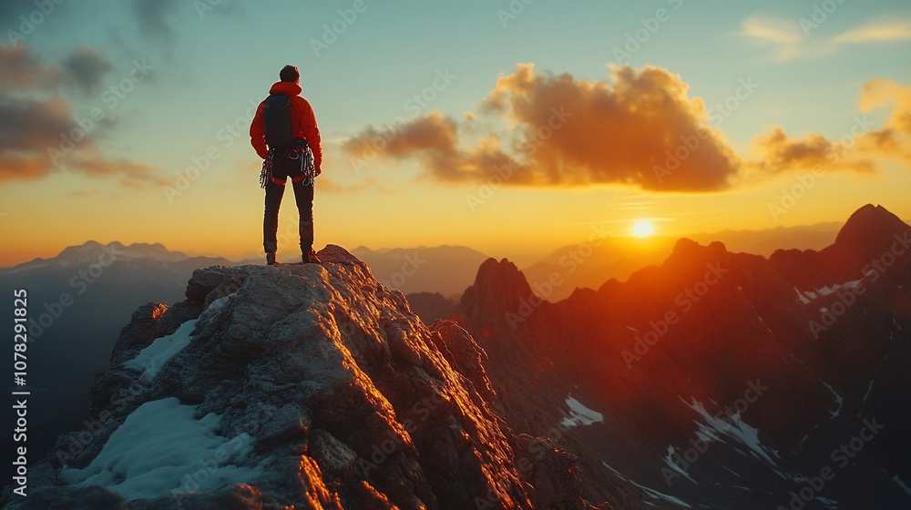A lone hiker stands on a mountain peak, gazing at a breathtaking sunset over the rugged landscape. A lone hiker stands on a mountain peak, gazing at a breathtaking sunset over the rugged landscape.