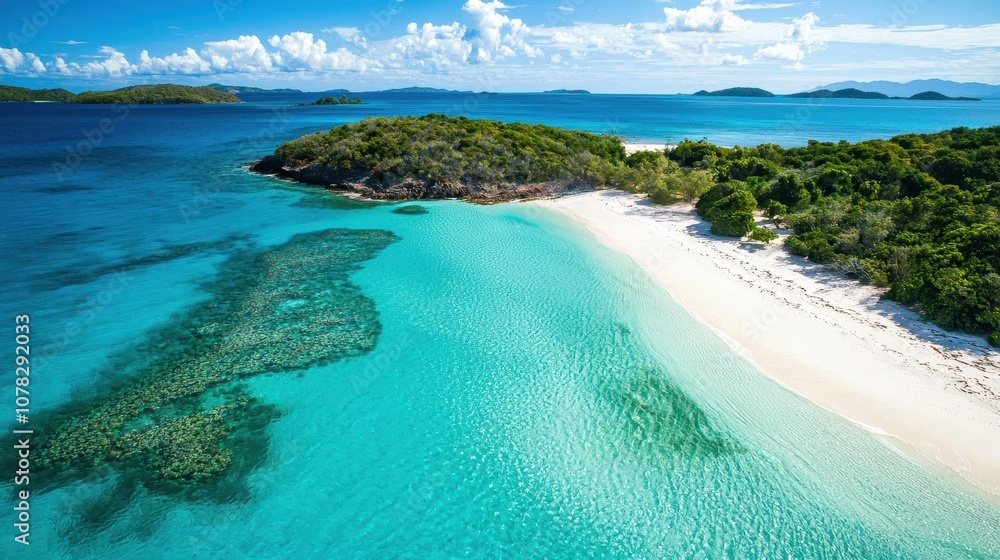 Breathtaking Aerial View of Pristine Beach with Turquoise Waters and Lush Greenery Under a Bright Blue Sky in Tropical Paradise Breathtaking Aerial View of Pristine Beach with Turquoise Waters and Lush Greenery Under a Bright Blue Sky in Tropical Paradise