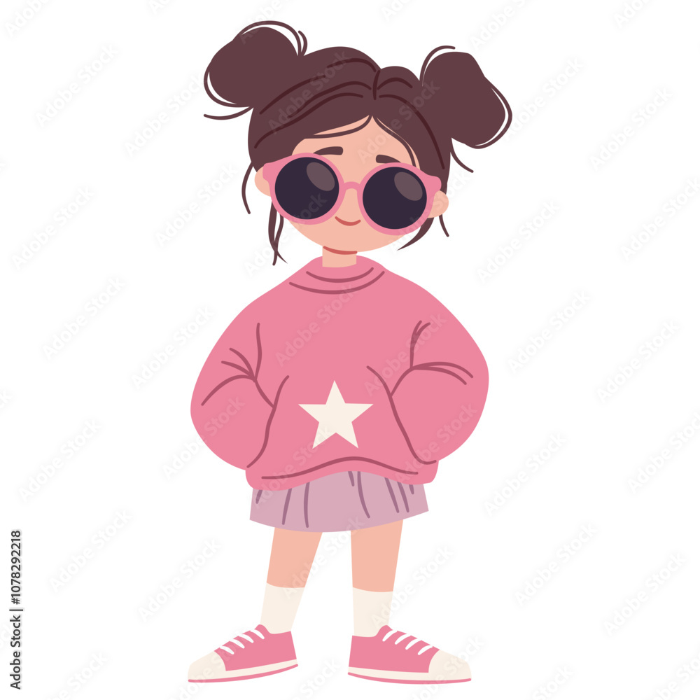 A flat vector illustration in a simple children's style. A cute fashionable girl in a sweatshirt and sunglasses. Vector illustration A flat vector illustration in a simple children's style. A cute fashionable girl in a sweatshirt and sunglasses. Vector illustration
