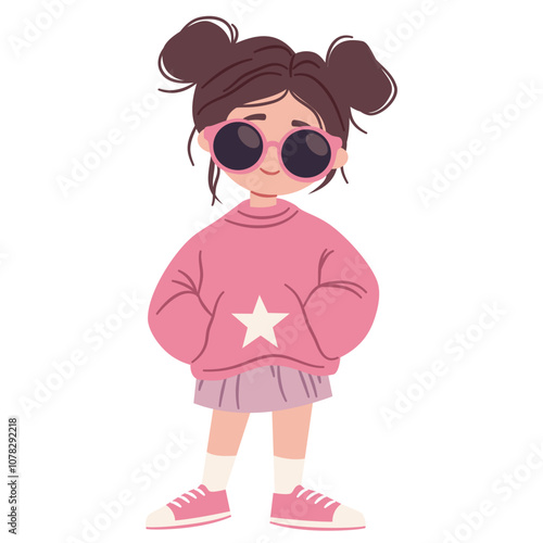 A flat vector illustration in a simple children's style. A cute fashionable girl in a sweatshirt and sunglasses. Vector illustration