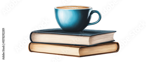 A blue coffee cup sits on top of two books. transparent background
