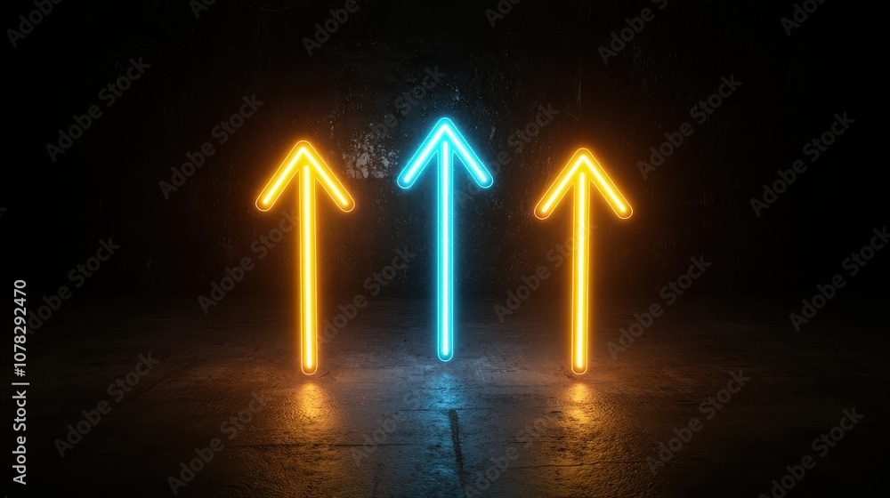 Three neon arrows, bright yellow and blue, glowing upward against a black background, representing advancement and innovation in vibrant light Three neon arrows, bright yellow and blue, glowing upward against a black background, representing advancement and innovation in vibrant light
