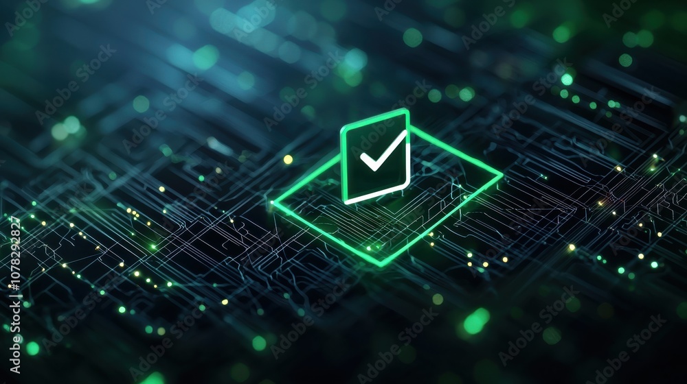 Digital approval concept with a checkmark icon embedded in a futuristic network grid, illustrating secure data verification Digital approval concept with a checkmark icon embedded in a futuristic network grid, illustrating secure data verification