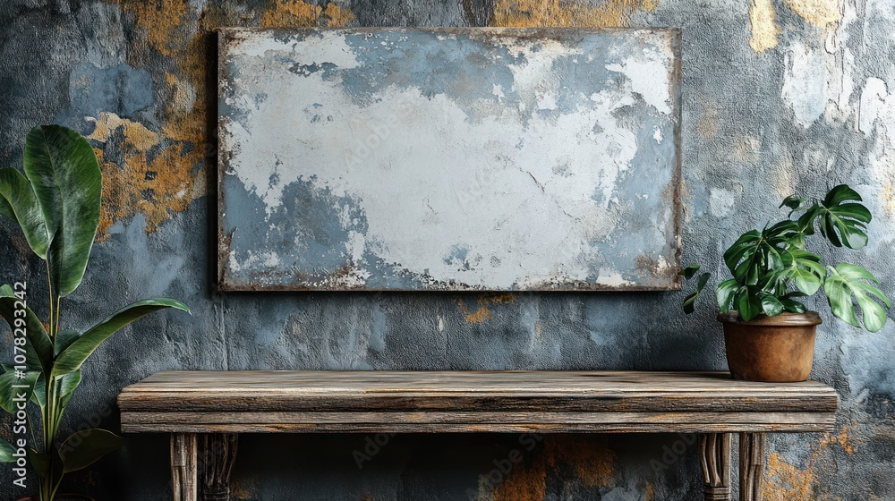 Rustic interior with a weathered wall, table, and potted plant. Rustic interior with a weathered wall, table, and potted plant.
