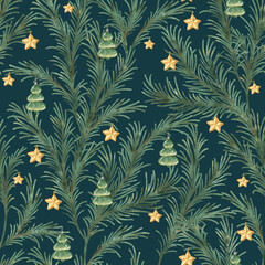 Wandcirkels Aquarel prints patronen Christmas watercolor seamless pattern with spruce branches and stars, christmas tree toy  on a on dark green background.  © BloomPix