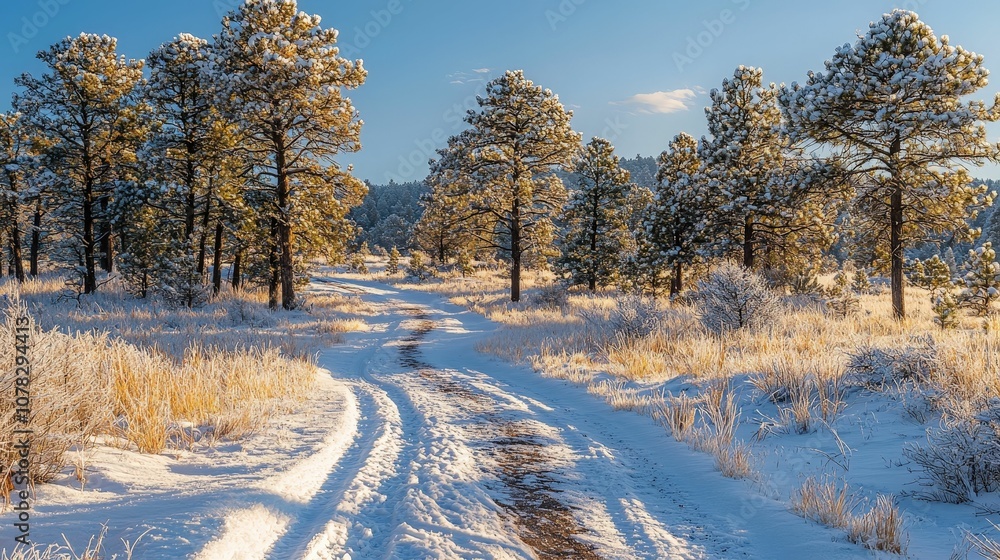 A serene snowy landscape featuring a winding path surrounded by pine trees under a clear blue sky. A serene snowy landscape featuring a winding path surrounded by pine trees under a clear blue sky.