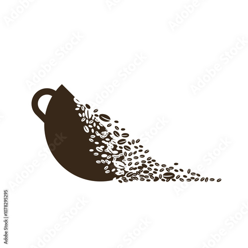 The cup of coffee disintegrates into coffee beans. The effect of destruction. Dispersion