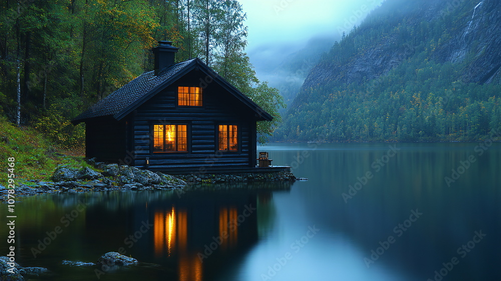 Fototapeta premium A cozy cabin sits on the edge of a tranquil lake in the forest, with warm light glowing from the windows.