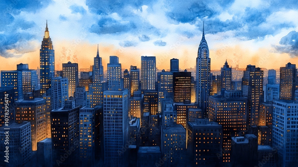 Fototapeta premium Cityscape Sunset Urban Skyline Buildings Dusk Watercolor Painting