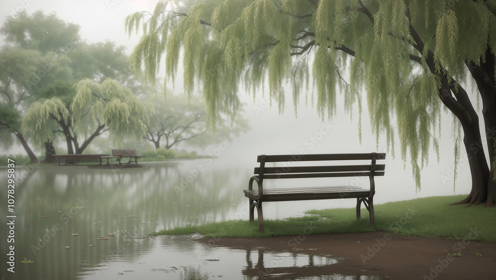 Fototapeta premium A park bench by a misty lake, with weeping willows overhead. Peaceful scene.