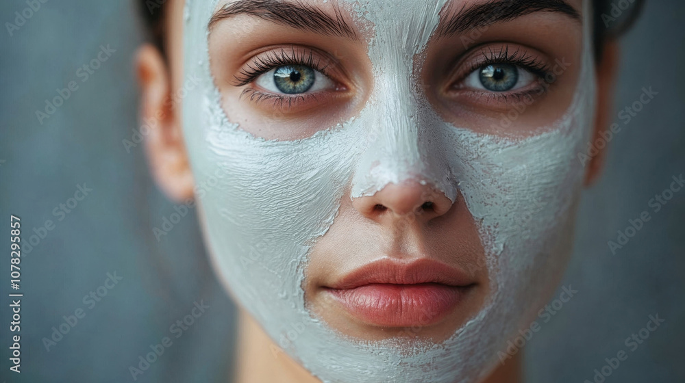 Close-up shot of a face with a white clay mask, featuring striking blue-green eyes, defined eyebrows, and natural pink lips against a soft blue background Close-up shot of a face with a white clay mask, featuring striking blue-green eyes, defined eyebrows, and natural pink lips against a soft blue background