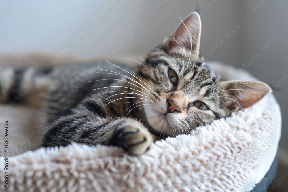 Cat Lounging. Lazy and Adorable Tabby Cat Relaxing Comfortably on a Cat Bed Cat Lounging. Lazy and Adorable Tabby Cat Relaxing Comfortably on a Cat Bed