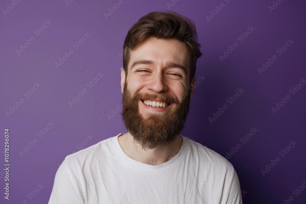 Obraz premium Caucasian Adult Man with Beard Smiling Happily on Purple Background