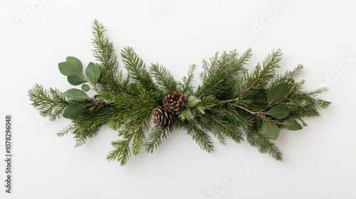 A long, straight Christmas garland of fir branches against a white background, highlighting the natural textures and holiday atmosphere