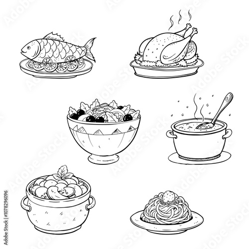 Hot entrees, turkey, baked fish with lemon, soup, pasta, Greek salad and pot roast potatoes with mushrooms. Set of vector sketches in line art style