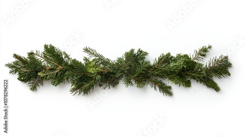 Green fir garland arranged in a straight line on a white background, focusing on natural textures and vibrant holiday greenery