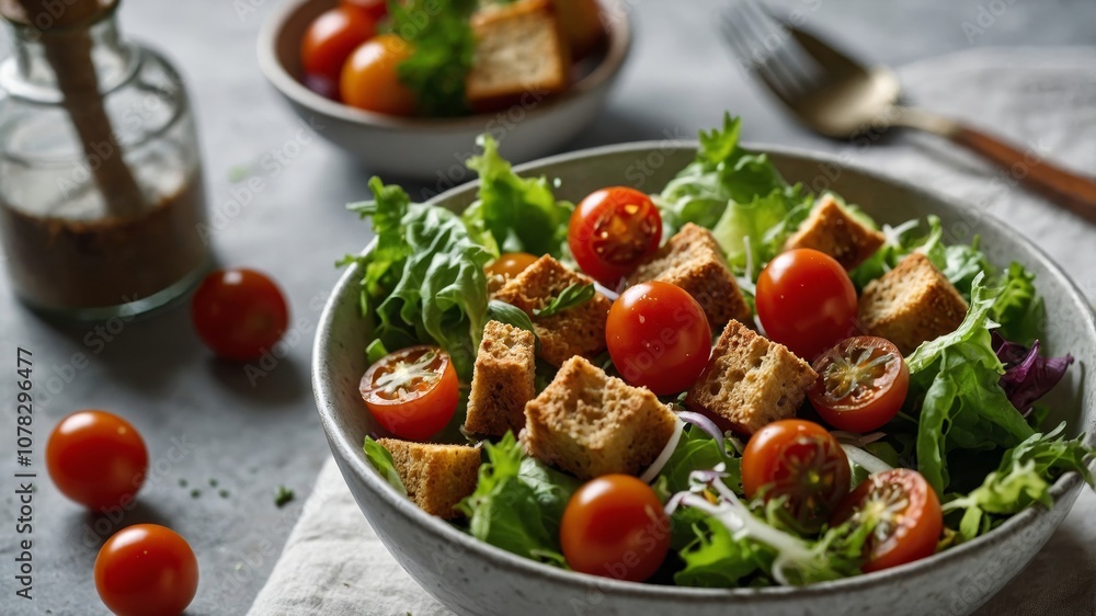 Fresh salad bowl with cherry tomatoes and croutons Fresh salad bowl with cherry tomatoes and croutons