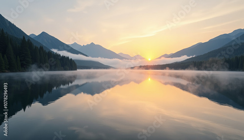 Wallpaper Mural Serene Sunrise over Misty Mountain Lake Torontodigital.ca