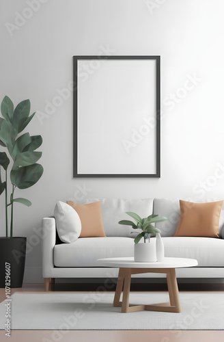 Frame mockup, ISO A paper size. Living room wall poster mockup. Interior mockup with house background. Modern interior design. 3D render