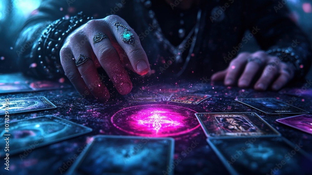A mystical scene with hands arranging glowing tarot cards on a table, capturing the essence of divination, mystery, and anticipation in a magical ambiance. A mystical scene with hands arranging glowing tarot cards on a table, capturing the essence of divination, mystery, and anticipation in a magical ambiance.