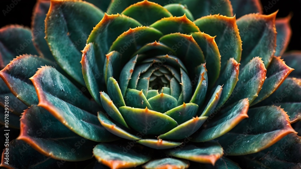 Shot of a succulent Echeveria plant, featuring vibrant green and orange hues, intricate spiral patterns, water droplets, and detailed leaf texture V2 Shot of a succulent Echeveria plant, featuring vibrant green and orange hues, intricate spiral patterns, water droplets, and detailed leaf texture V2