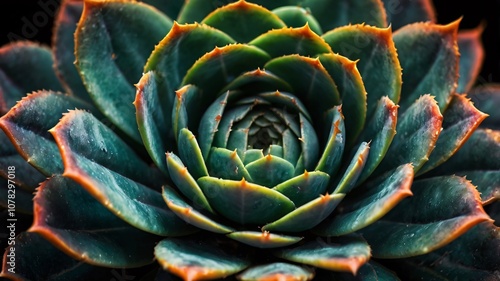 Shot of a succulent Echeveria plant, featuring vibrant green and orange hues, intricate spiral patterns, water droplets, and detailed leaf texture V2