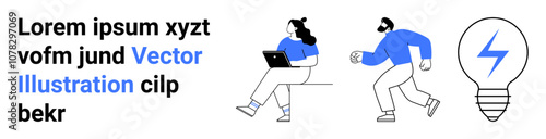 Lorem ipsum text, woman with laptop, running man, glowing light bulb icon, blue and white color palette. Ideal for tech, innovation, productivity, digital projects, work dynamics, motivation