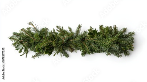 Lush, straight pine and fir garland laid on a white background, with rich green textures creating a festive yet minimalist holiday vibe.