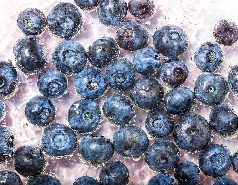 Fresh blueberries submerged underwater, creating an interesting visual effect with tiny air bubbles Fresh blueberries submerged underwater, creating an interesting visual effect with tiny air bubbles