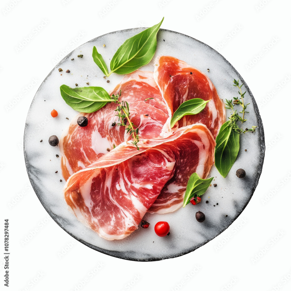 Raw ham prosciutto pork meat isolated on a plain white surface. AI generative. Raw ham prosciutto pork meat isolated on a plain white surface. AI generative.