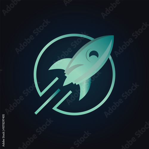 This is a circle logo design that depicts a rocket launching in white green color that looks modern clean and futuristic on a black background