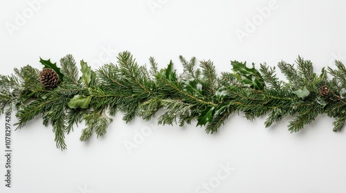 Lush, straight pine and fir garland laid on a white background, with rich green textures creating a festive yet minimalist holiday vibe.